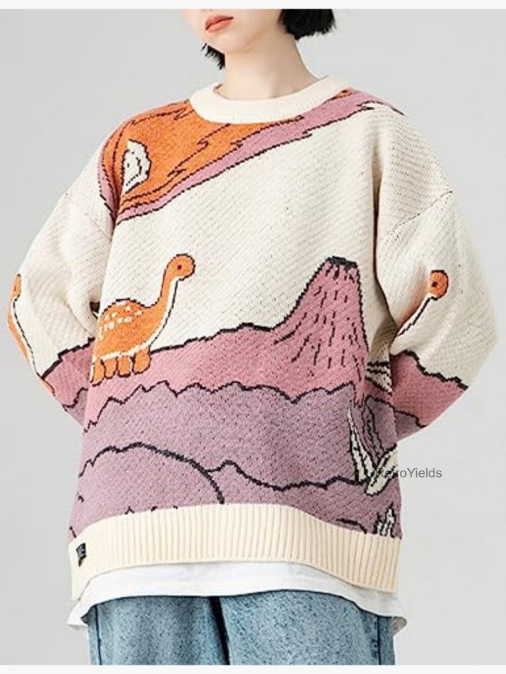 Oversized Dinosaur Knit Pullover Sweater Unisex Crewneck - Picture 6 of 7